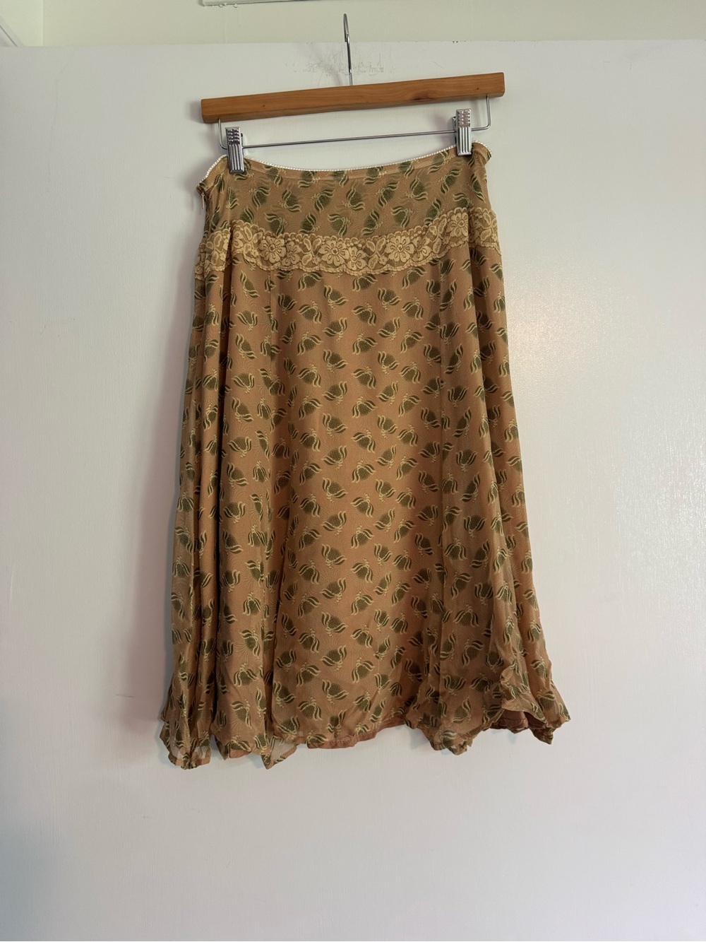 Lillie by James Coviello Tan Skirt with Green Floral Print and Lace Band